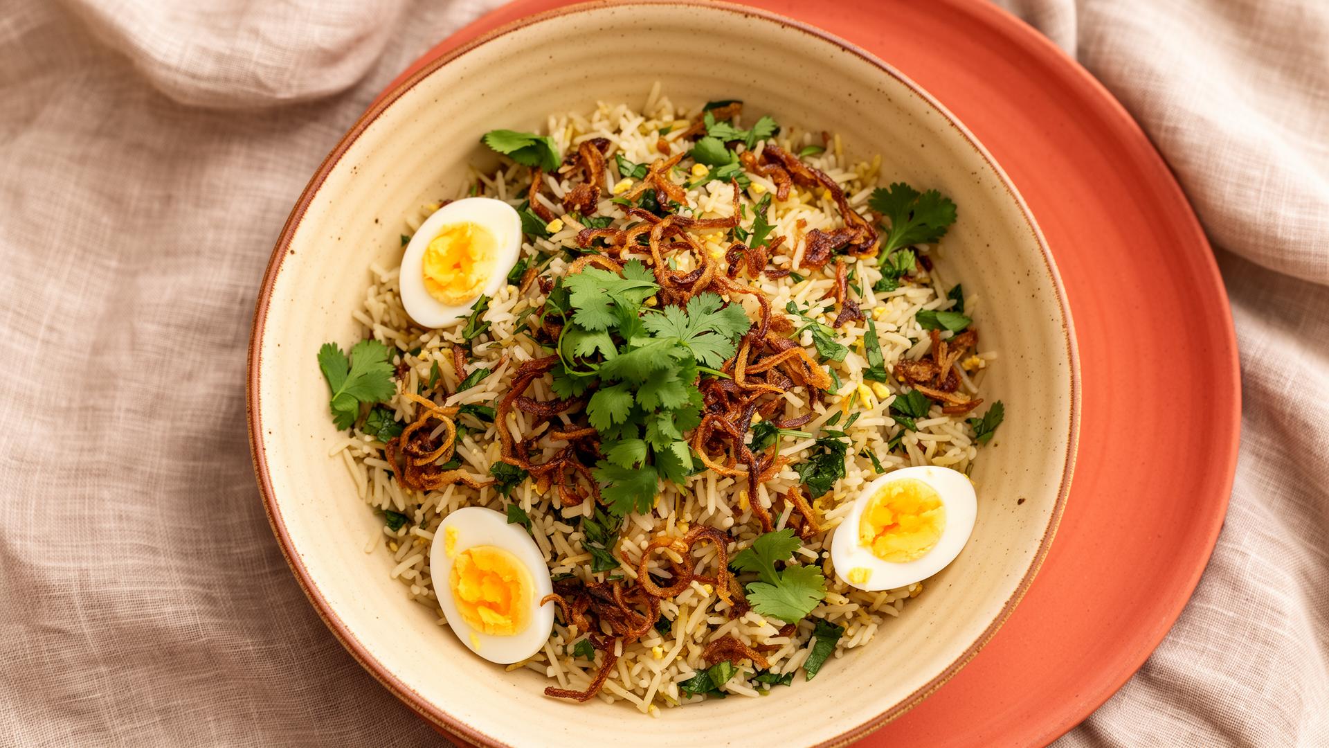 Anda Dhaniya Rice in a rustic ceramic bowl